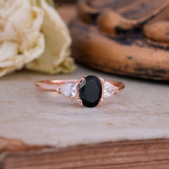 1 Carat Oval Black Onyx Engagement Ring Three Stone Wedding Ring