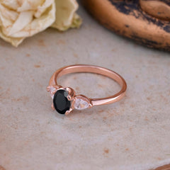 1 Carat Oval Black Onyx Engagement Ring Three Stone Wedding Ring