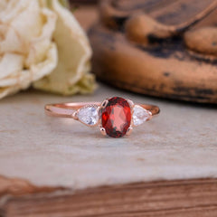 1 Carat Oval Garnet Engagement Ring Three Stone Wedding Ring