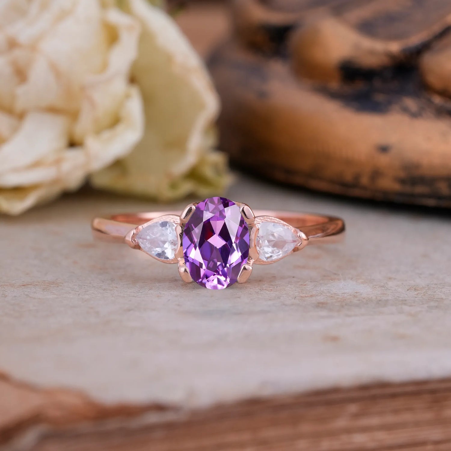 1 Carat Classic Oval Amethyst Three Stone Engagement Ring