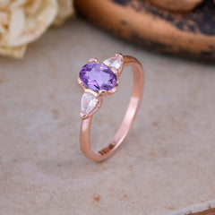 1 Carat Oval Amethyst Engagement Ring Three Stone Wedding Ring