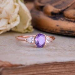 1 Carat Oval Amethyst Engagement Ring Three Stone Wedding Ring
