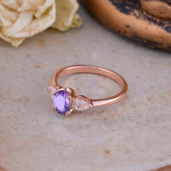 1 Carat Oval Amethyst Engagement Ring Three Stone Wedding Ring