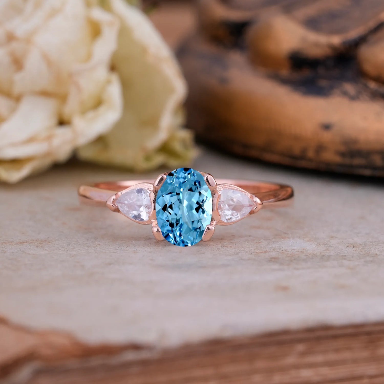 1 Carat Classic Oval Aquamarine Three Stone Engagement Ring