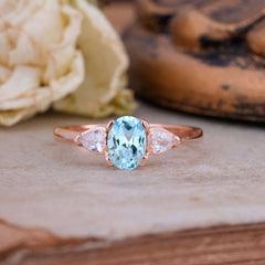 1 Carat Oval Aquamarine Engagement Ring Three Stone Wedding Ring
