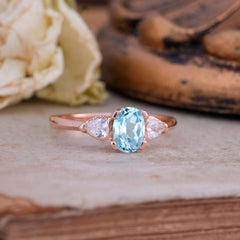 1 Carat Oval Aquamarine Engagement Ring Three Stone Wedding Ring