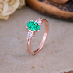 1 Carat Oval Emerald Engagement Ring Three Stone Wedding Ring