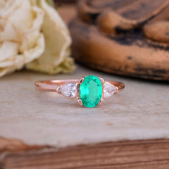 1 Carat Oval Emerald Engagement Ring Three Stone Wedding Ring