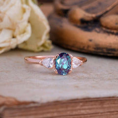 1 Carat Oval Alexandrite Engagement Ring Three Stone Wedding Ring