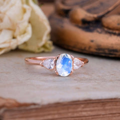 1 Carat Oval Moonstone Engagement Ring Three Stone Wedding Ring