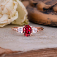 1 Carat Oval Ruby Engagement Ring Three Stone Wedding Ring
