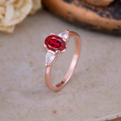 1 Carat Oval Ruby Engagement Ring Three Stone Wedding Ring