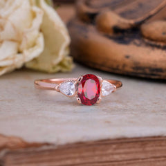 1 Carat Oval Ruby Engagement Ring Three Stone Wedding Ring