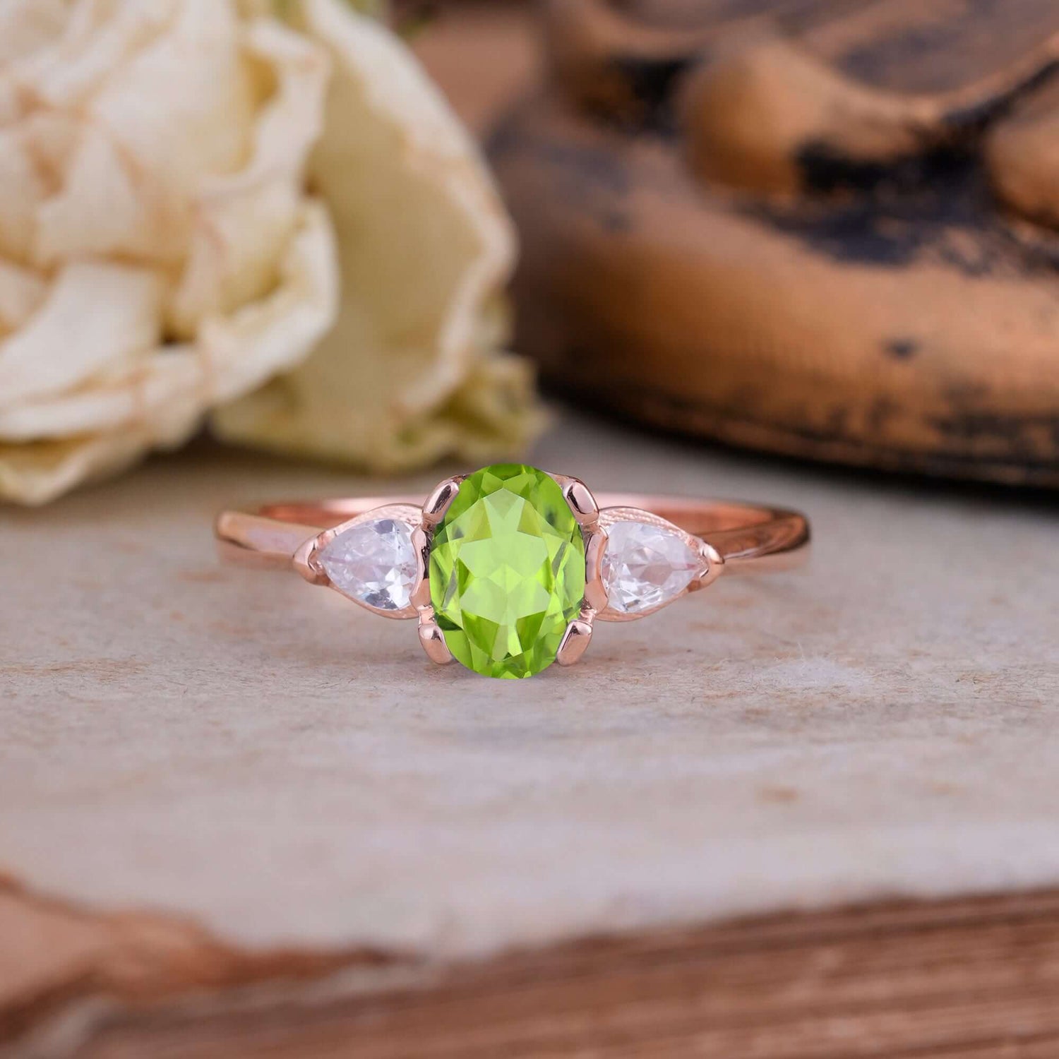 1 Carat Oval Classic Peridot Three Stone Engagement Ring