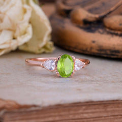 1 Carat Oval Peridot Engagement Ring Three Stone Wedding Ring