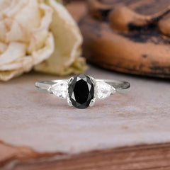 1 Carat Oval Black Onyx Engagement Ring Three Stone Wedding Ring
