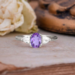 1 Carat Oval Amethyst Engagement Ring Three Stone Wedding Ring