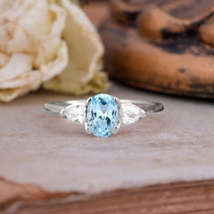 1 Carat Oval Aquamarine Engagement Ring Three Stone Wedding Ring