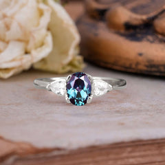 1 Carat Oval Alexandrite Engagement Ring Three Stone Wedding Ring