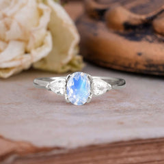 1 Carat Oval Moonstone Engagement Ring Three Stone Wedding Ring