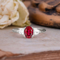 1 Carat Oval Ruby Engagement Ring Three Stone Wedding Ring