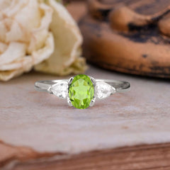 1 Carat Oval Peridot Engagement Ring Three Stone Wedding Ring