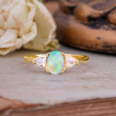 1 Carat Oval Opal Engagement Ring Three Stone Wedding Ring