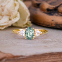 1 Carat Oval Moss Agate Engagement Ring Three Stone Wedding Ring
