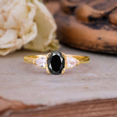 1 Carat Oval Black Onyx Engagement Ring Three Stone Wedding Ring