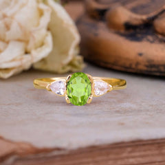 1 Carat Oval Peridot Engagement Ring Three Stone Wedding Ring