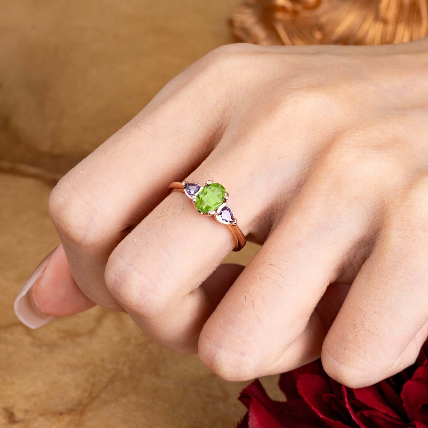 1 Carat Oval Classic Peridot Three Stone Engagement Ring