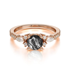 Round Cut 4 Prong Black Rutilated Quartz Engagement Ring Cluster Anniversary Ring