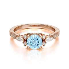 Round Cut 4 Prong Aquamarine Engagement Ring Cluster Anniversary Ring