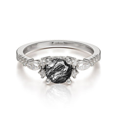 Round Cut 4 Prong Black Rutilated Quartz Engagement Ring Cluster Anniversary Ring
