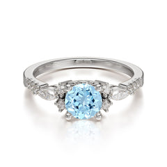 Round Cut 4 Prong Aquamarine Engagement Ring Cluster Anniversary Ring