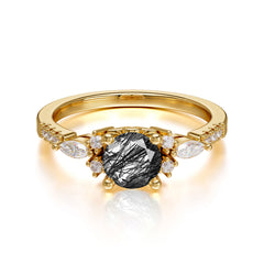 Round Cut 4 Prong Black Rutilated Quartz Engagement Ring Cluster Anniversary Ring