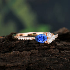 3 Prong Pear Shaped Sapphire Promise Wedding Band Ring with Three Round Stone