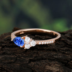 3 Prong Pear Shaped Sapphire Promise Wedding Band Ring with Three Round Stone