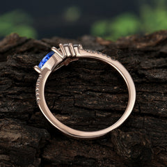 3 Prong Pear Shaped Sapphire Promise Wedding Band Ring with Three Round Stone