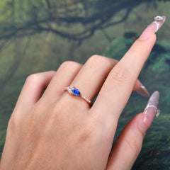 3 Prong Pear Shaped Sapphire Promise Wedding Band Ring with Three Round Stone