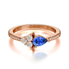 3 Prong Pear Shaped Sapphire Promise Wedding Band Ring with Three Round Stone