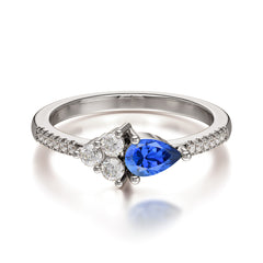 3 Prong Pear Shaped Sapphire Promise Wedding Band Ring with Three Round Stone