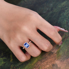 2 Carat Emerald Cut Sapphire 4 Prong Engagement Ring Pave Halo Bridal Ring