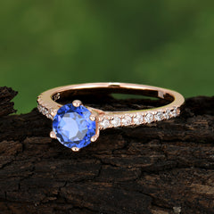 1 Carat Round Cut 6-Prong Sapphire Wedding Ring Pave Milgrain Engagement Ring