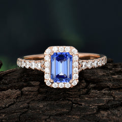 1 Carat Emerald Cut 4-Prong Sapphire Classic Halo Engagement Ring