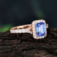 1 Carat Emerald Cut 4-Prong Sapphire Classic Halo Engagement Ring