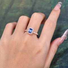 1 Carat Emerald Cut 4-Prong Sapphire Classic Halo Engagement Ring