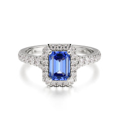 1 Carat Emerald Cut 4-Prong Sapphire Classic Halo Engagement Ring
