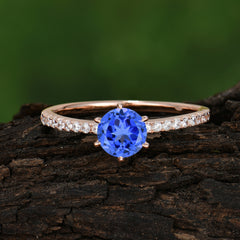6-Prong Classic Round Cut Sapphire Engagement Ring Pave Bridal Ring