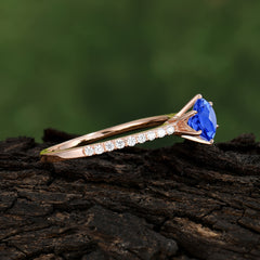 6-Prong Classic Round Cut Sapphire Engagement Ring Pave Bridal Ring